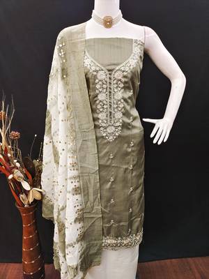 Women's olive coco silk embroidered unstitched dress material 4