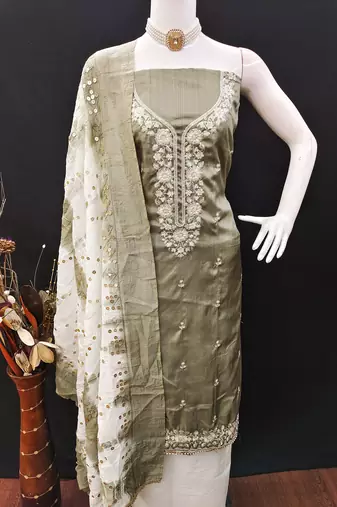 Women's olive coco silk embroidered unstitched dress material