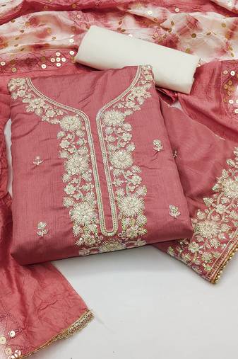 Women's peach coco silk embroidered unstitched dress material