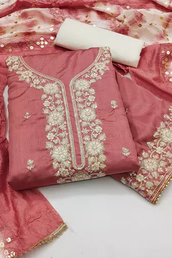 Women's peach coco silk embroidered unstitched dress material