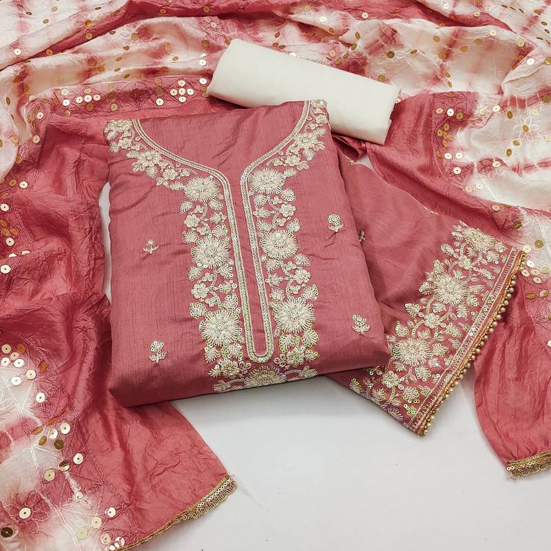 Women's peach coco silk embroidered unstitched dress material