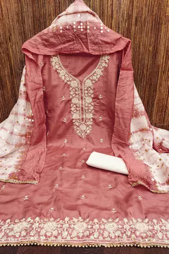 Women's peach coco silk embroidered unstitched dress material