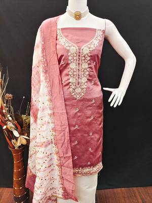 Women's peach coco silk embroidered unstitched dress material 4