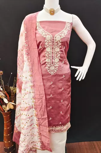 Women's peach coco silk embroidered unstitched dress material