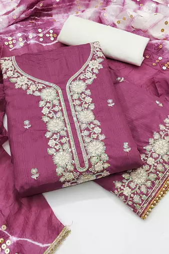 Women's pink coco silk embroidered unstitched dress material