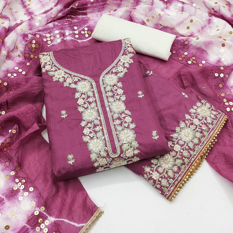 Women's pink coco silk embroidered unstitched dress material