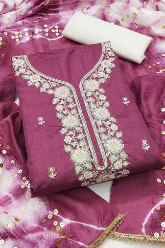 Women's pink coco silk embroidered unstitched dress material
