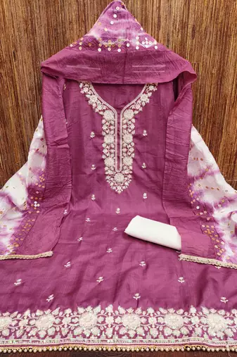 Women's pink coco silk embroidered unstitched dress material