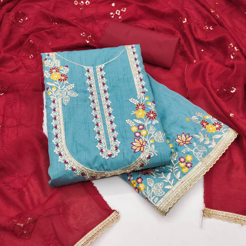 Women's blue coco silk embroidered unstitched dress material