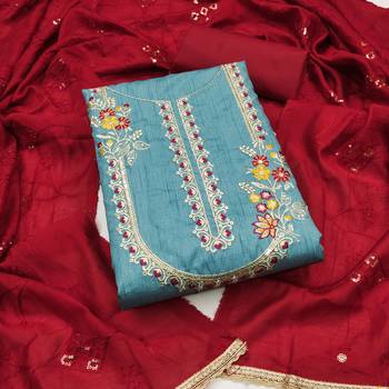 Women's blue coco silk embroidered unstitched dress material 2