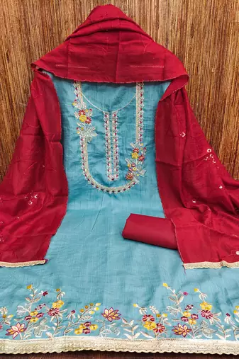 Women's blue coco silk embroidered unstitched dress material