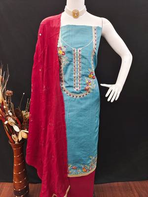 Women's blue coco silk embroidered unstitched dress material 4