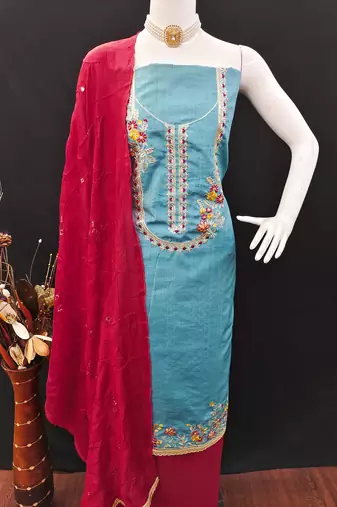 Women's blue coco silk embroidered unstitched dress material