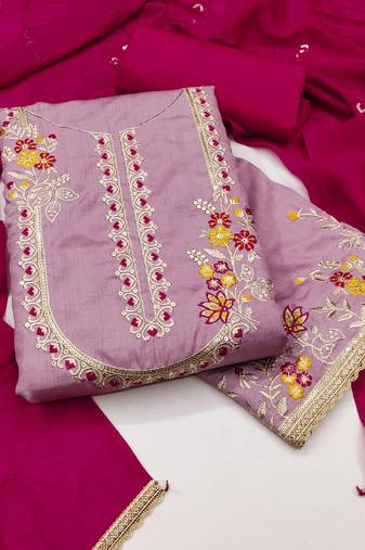 Women's lavender coco silk embroidered unstitched dress material