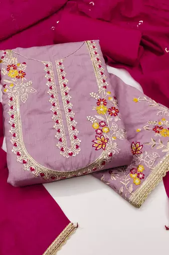 Women's lavender coco silk embroidered unstitched dress material