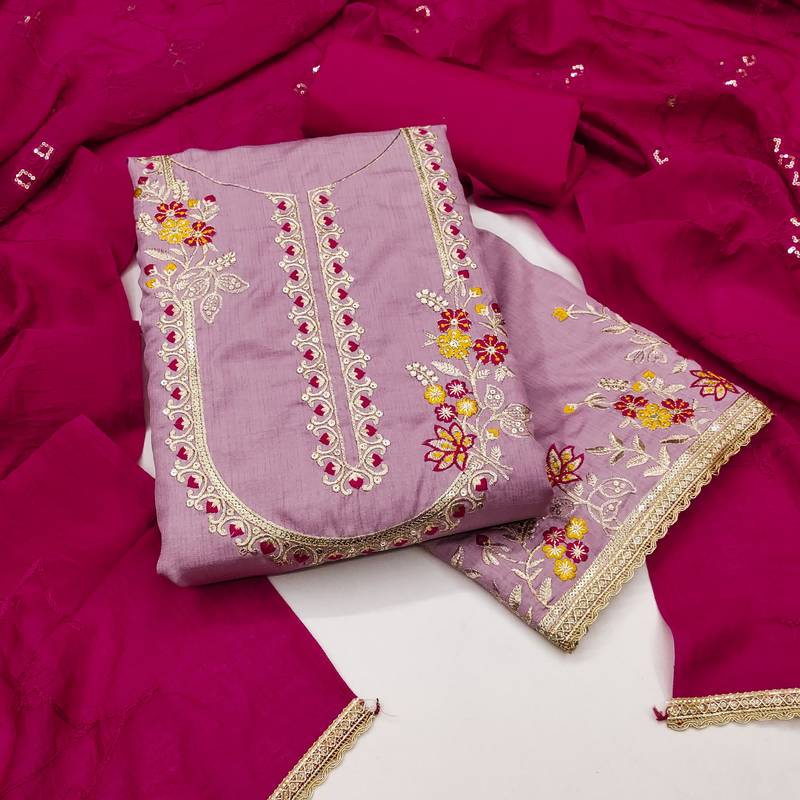 Women's lavender coco silk embroidered unstitched dress material