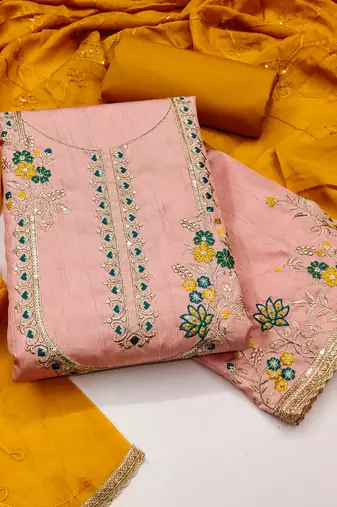 Women's peach coco silk embroidered unstitched dress material