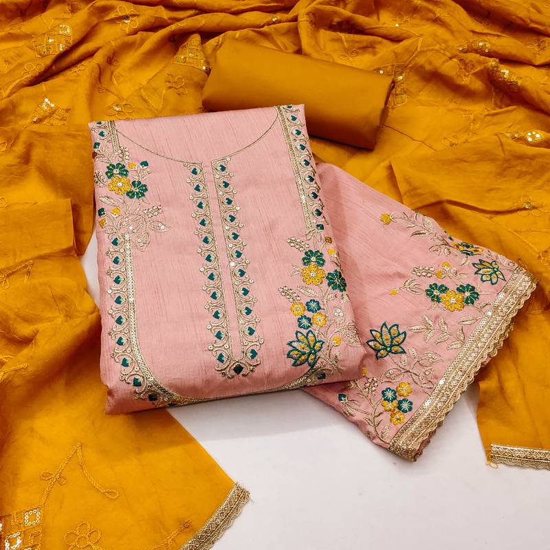 Women's peach coco silk embroidered unstitched dress material