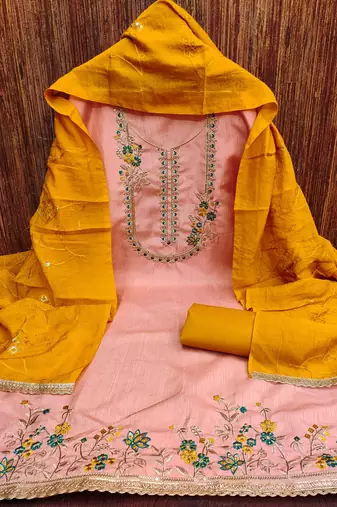Women's peach coco silk embroidered unstitched dress material