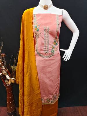Women's peach coco silk embroidered unstitched dress material 4