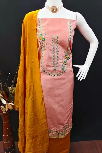 Women's peach coco silk embroidered unstitched dress material