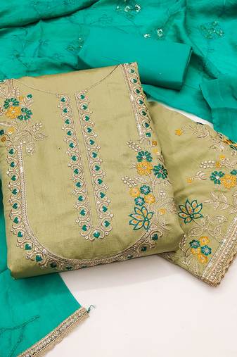 Women's pista coco silk embroidered unstitched dress material