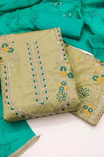 Women's pista coco silk embroidered unstitched dress material