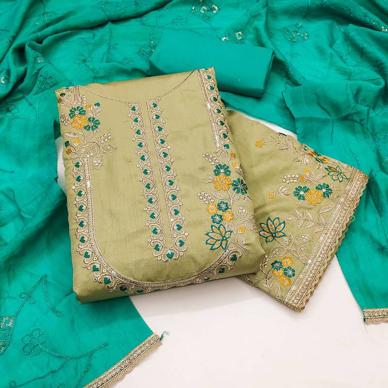 Women's pista coco silk embroidered unstitched dress material