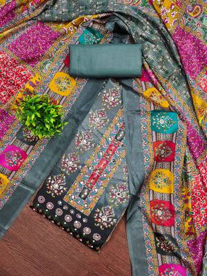 Women's grey silk chiffon printed unstitched dress material 1