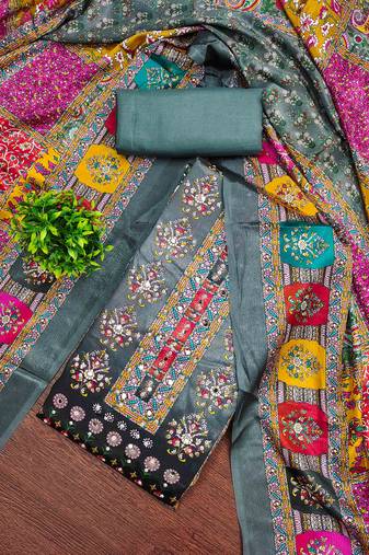 Women's grey silk chiffon printed unstitched dress material