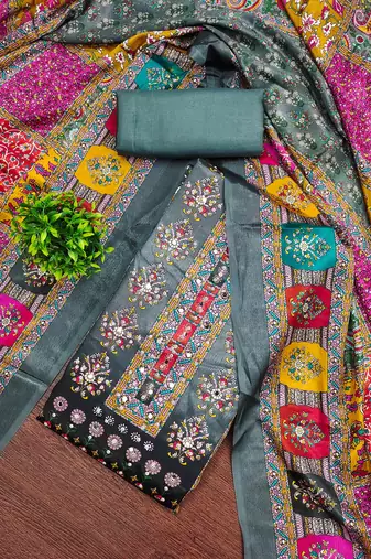 Women's grey silk chiffon printed unstitched dress material