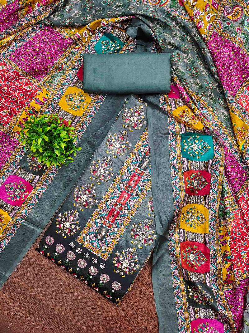 Women's grey silk chiffon printed unstitched dress material