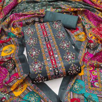 Women's grey silk chiffon printed unstitched dress material 2
