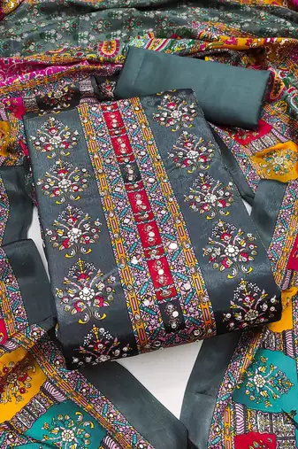 Women's grey silk chiffon printed unstitched dress material