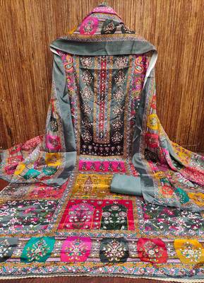 Women's grey silk chiffon printed unstitched dress material 3