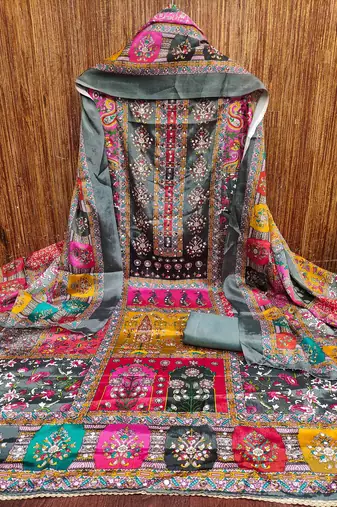 Women's grey silk chiffon printed unstitched dress material