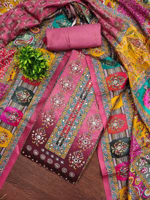 Women's pink silk chiffon printed unstitched dress material 1