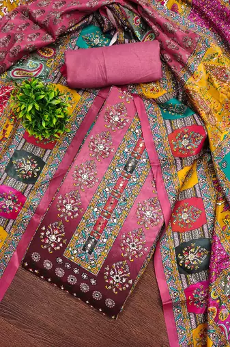 Women's pink silk chiffon printed unstitched dress material