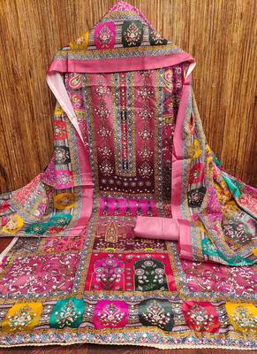 Women's pink silk chiffon printed unstitched dress material 3