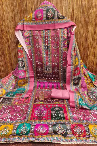 Women's pink silk chiffon printed unstitched dress material