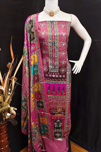 Women's pink silk chiffon printed unstitched dress material