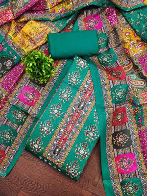 Women's turquoise silk chiffon printed unstitched dress material 1
