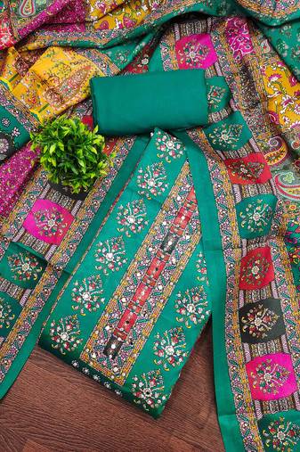 Women's turquoise silk chiffon printed unstitched dress material