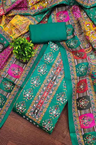 Women's turquoise silk chiffon printed unstitched dress material