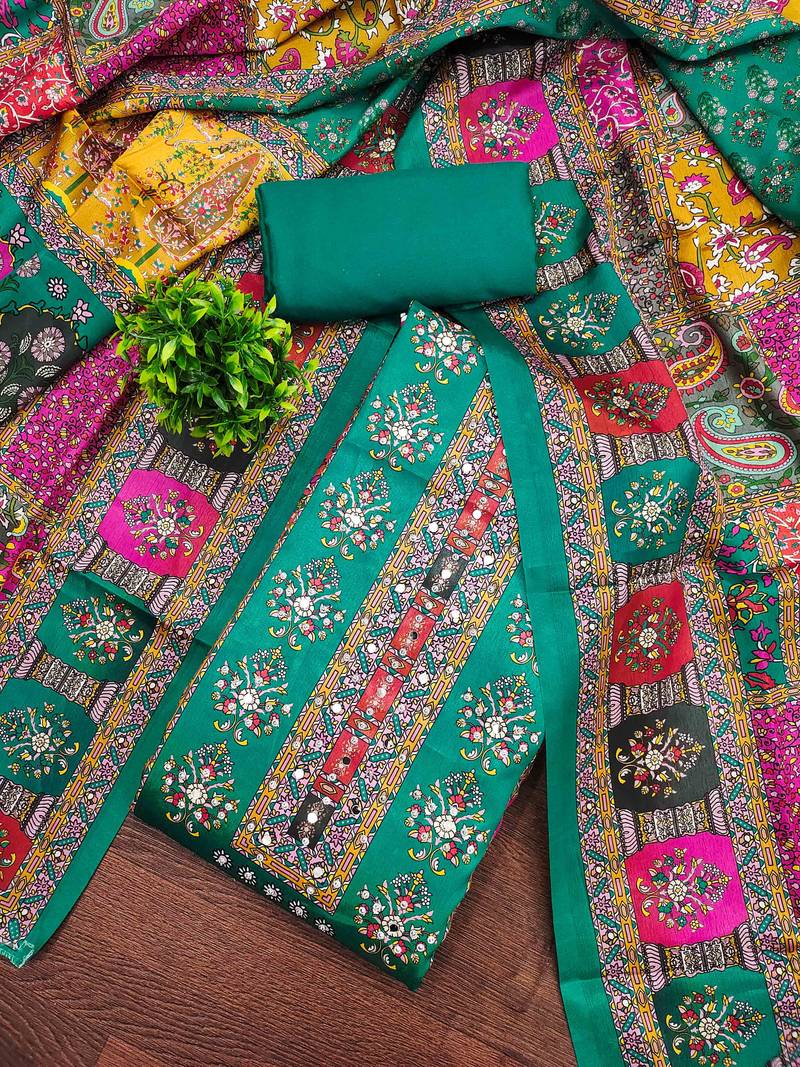 Women's turquoise silk chiffon printed unstitched dress material