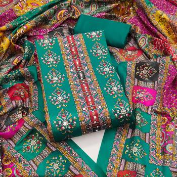 Women's turquoise silk chiffon printed unstitched dress material 2