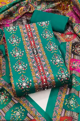Women's turquoise silk chiffon printed unstitched dress material