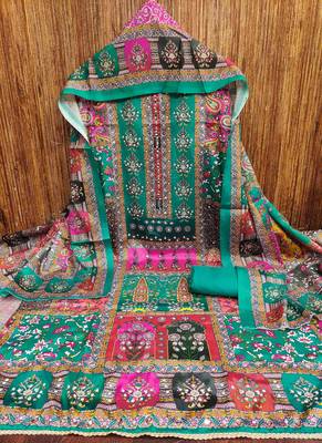 Women's turquoise silk chiffon printed unstitched dress material 3