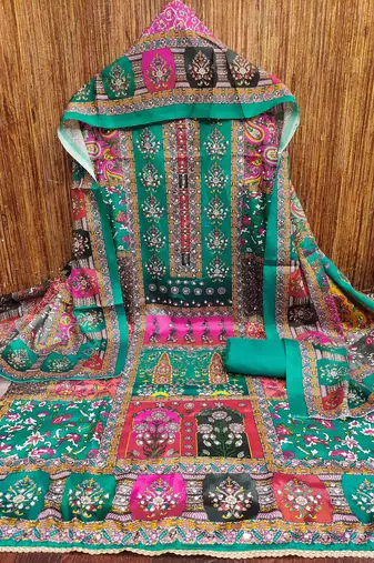 Women's turquoise silk chiffon printed unstitched dress material