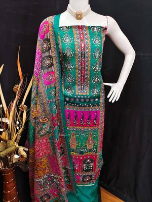 Women's turquoise silk chiffon printed unstitched dress material 4